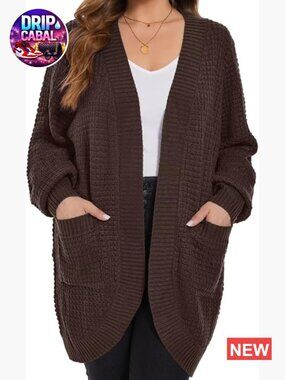 Plus Size Open Front Cardigan Waffle Knit Long Sleeve Sweater with Pockets